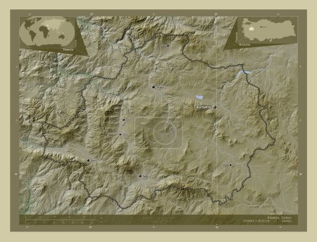 Foto de Kutahya, provincia de Turkiye. Mapa de elevación coloreado en estilo wiki con lagos y ríos. Ubicaciones y nombres de las principales ciudades de la región. Mapas de ubicación auxiliares de esquina - Imagen libre de derechos