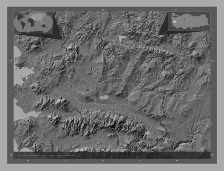Photo for Manisa, province of Turkiye. Bilevel elevation map with lakes and rivers. Locations of major cities of the region. Corner auxiliary location maps - Royalty Free Image