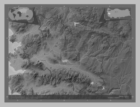 Foto de Manisa, provincia de Turkiye. Mapa de elevación a escala de grises con lagos y ríos. Ubicaciones y nombres de las principales ciudades de la región. Mapas de ubicación auxiliares de esquina - Imagen libre de derechos