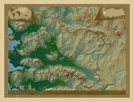 Foto de Manisa, provincia de Turkiye. Mapa de elevación de colores con lagos y ríos. Ubicaciones de las principales ciudades de la región. Mapas de ubicación auxiliares de esquina - Imagen libre de derechos