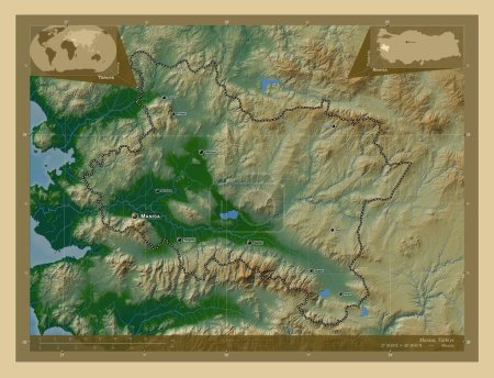 Foto de Manisa, provincia de Turkiye. Mapa de elevación de colores con lagos y ríos. Ubicaciones y nombres de las principales ciudades de la región. Mapas de ubicación auxiliares de esquina - Imagen libre de derechos