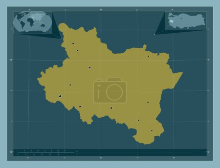 Foto de Manisa, provincia de Turkiye. Forma de color sólido. Ubicaciones de las principales ciudades de la región. Mapas de ubicación auxiliares de esquina - Imagen libre de derechos