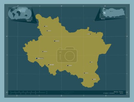 Foto de Manisa, provincia de Turkiye. Forma de color sólido. Ubicaciones y nombres de las principales ciudades de la región. Mapas de ubicación auxiliares de esquina - Imagen libre de derechos