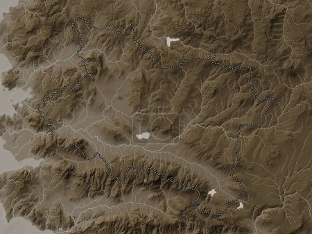 Foto de Manisa, province of Turkiye. Elevation map colored in sepia tones with lakes and rivers - Imagen libre de derechos
