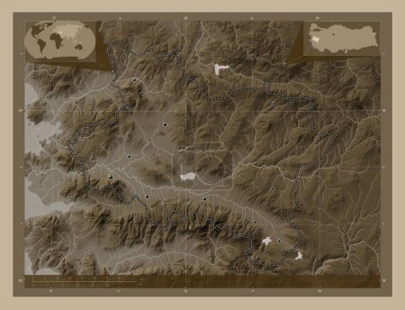 Photo for Manisa, province of Turkiye. Elevation map colored in sepia tones with lakes and rivers. Locations of major cities of the region. Corner auxiliary location maps - Royalty Free Image