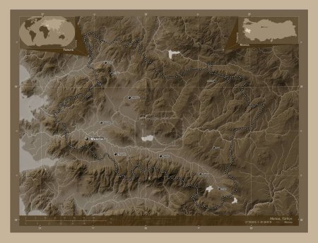 Photo for Manisa, province of Turkiye. Elevation map colored in sepia tones with lakes and rivers. Locations and names of major cities of the region. Corner auxiliary location maps - Royalty Free Image