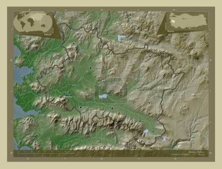 Photo for Manisa, province of Turkiye. Elevation map colored in wiki style with lakes and rivers. Locations and names of major cities of the region. Corner auxiliary location maps - Royalty Free Image