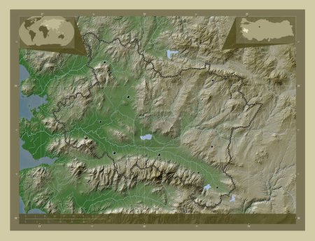 Foto de Manisa, provincia de Turkiye. Mapa de elevación coloreado en estilo wiki con lagos y ríos. Ubicaciones de las principales ciudades de la región. Mapas de ubicación auxiliares de esquina - Imagen libre de derechos