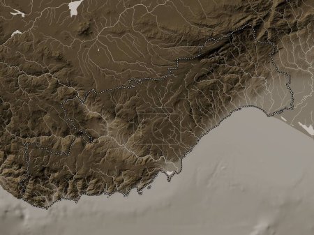 Téléchargez les photos : Mersin, province of Turkiye. Elevation map colored in sepia tones with lakes and rivers - en image libre de droit