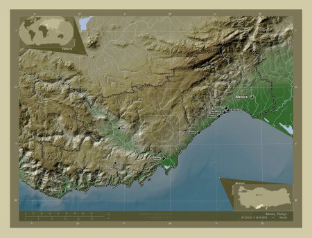Foto de Mersin, provincia de Turkiye. Mapa de elevación coloreado en estilo wiki con lagos y ríos. Ubicaciones y nombres de las principales ciudades de la región. Mapas de ubicación auxiliares de esquina - Imagen libre de derechos