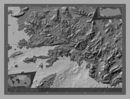 Photo for Mugla, province of Turkiye. Bilevel elevation map with lakes and rivers. Locations of major cities of the region. Corner auxiliary location maps - Royalty Free Image