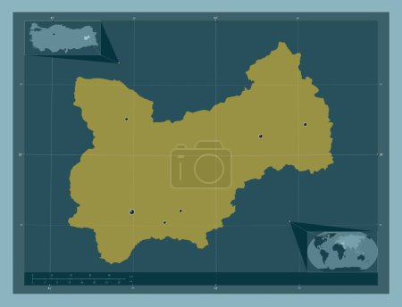Foto de Mus, provincia de Turkiye. Forma de color sólido. Ubicaciones de las principales ciudades de la región. Mapas de ubicación auxiliares de esquina - Imagen libre de derechos