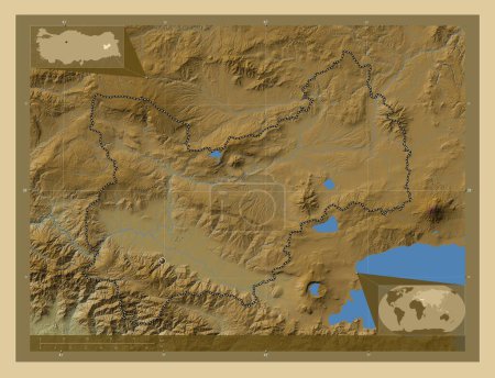 Téléchargez les photos : Mus, province de Turkiye. Carte d'altitude colorée avec lacs et rivières. Corner cartes de localisation auxiliaires - en image libre de droit