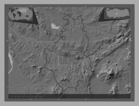Photo for Nevsehir, province of Turkiye. Bilevel elevation map with lakes and rivers. Locations of major cities of the region. Corner auxiliary location maps - Royalty Free Image