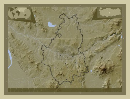 Téléchargez les photos : Nevsehir, province de Turkiye. Carte d'altitude colorée dans le style wiki avec des lacs et des rivières. Emplacements des grandes villes de la région. Corner cartes de localisation auxiliaires - en image libre de droit