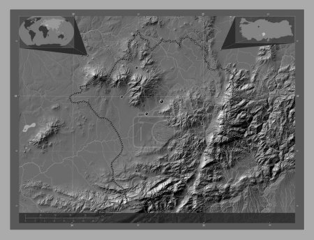 Téléchargez les photos : Nigde, province of Turkiye. Bilevel elevation map with lakes and rivers. Locations of major cities of the region. Corner auxiliary location maps - en image libre de droit