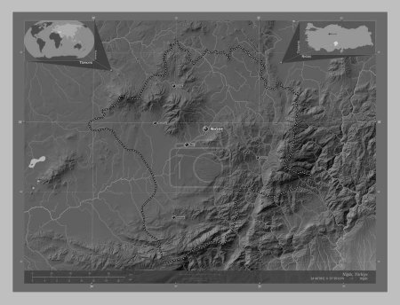 Téléchargez les photos : Nigde, province of Turkiye. Grayscale elevation map with lakes and rivers. Locations and names of major cities of the region. Corner auxiliary location maps - en image libre de droit