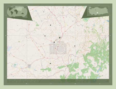 Téléchargez les photos : Nigde, province of Turkiye. Open Street Map. Locations of major cities of the region. Corner auxiliary location maps - en image libre de droit