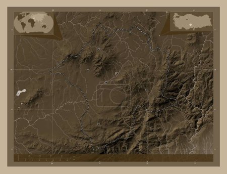 Téléchargez les photos : Nigde, province of Turkiye. Elevation map colored in sepia tones with lakes and rivers. Locations of major cities of the region. Corner auxiliary location maps - en image libre de droit