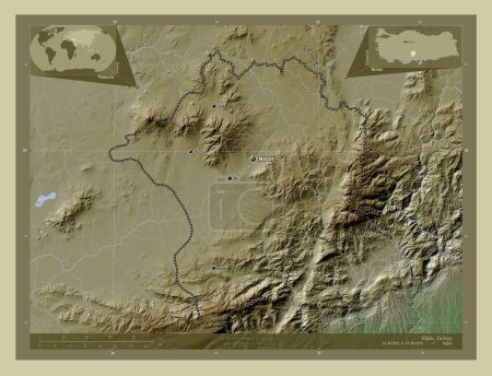 Foto de Nigde, provincia de Turkiye. Mapa de elevación coloreado en estilo wiki con lagos y ríos. Ubicaciones y nombres de las principales ciudades de la región. Mapas de ubicación auxiliares de esquina - Imagen libre de derechos
