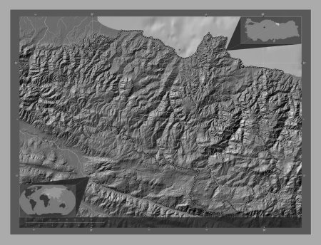 Foto de Ordu, provincia de Turkiye. Mapa de elevación de Bilevel con lagos y ríos. Mapas de ubicación auxiliares de esquina - Imagen libre de derechos