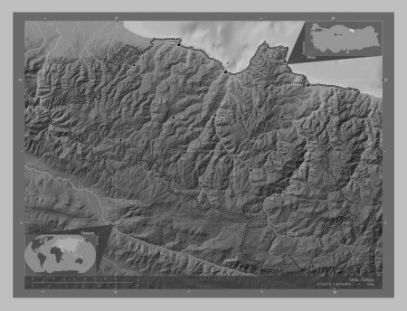 Téléchargez les photos : Ordu, province of Turkiye. Grayscale elevation map with lakes and rivers. Locations and names of major cities of the region. Corner auxiliary location maps - en image libre de droit
