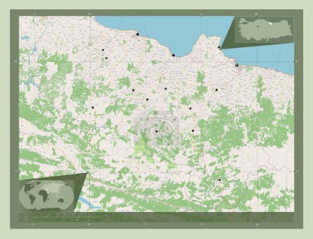 Foto de Ordu, provincia de Turkiye. Open Street Map. Ubicaciones de las principales ciudades de la región. Mapas de ubicación auxiliares de esquina - Imagen libre de derechos