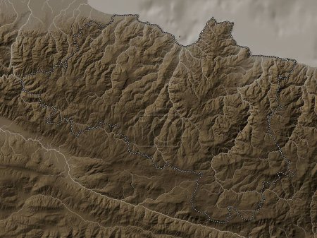 Foto de Ordu, province of Turkiye. Elevation map colored in sepia tones with lakes and rivers - Imagen libre de derechos