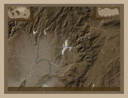 Photo for Osmaniye, province of Turkiye. Elevation map colored in sepia tones with lakes and rivers. Locations of major cities of the region. Corner auxiliary location maps - Royalty Free Image