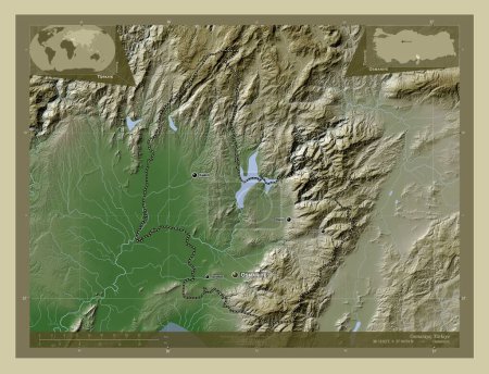 Foto de Osmaniye, provincia de Turkiye. Mapa de elevación coloreado en estilo wiki con lagos y ríos. Ubicaciones y nombres de las principales ciudades de la región. Mapas de ubicación auxiliares de esquina - Imagen libre de derechos