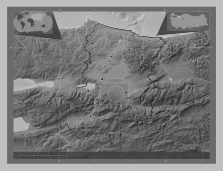 Téléchargez les photos : Sakarya, province of Turkiye. Grayscale elevation map with lakes and rivers. Locations of major cities of the region. Corner auxiliary location maps - en image libre de droit