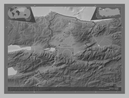 Téléchargez les photos : Sakarya, province of Turkiye. Grayscale elevation map with lakes and rivers. Locations and names of major cities of the region. Corner auxiliary location maps - en image libre de droit