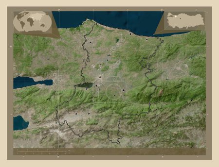 Téléchargez les photos : Sakarya, province of Turkiye. High resolution satellite map. Locations of major cities of the region. Corner auxiliary location maps - en image libre de droit