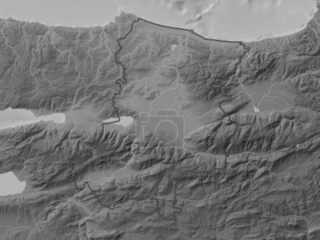 Téléchargez les photos : Sakarya, province of Turkiye. Grayscale elevation map with lakes and rivers - en image libre de droit