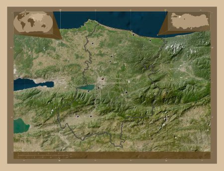 Foto de Sakarya, provincia de Turkiye. Mapa satelital de baja resolución. Ubicaciones de las principales ciudades de la región. Mapas de ubicación auxiliares de esquina - Imagen libre de derechos