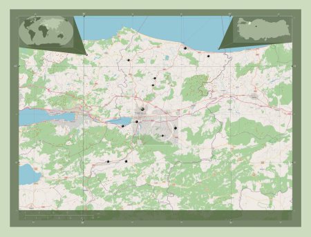 Téléchargez les photos : Sakarya, province of Turkiye. Open Street Map. Locations of major cities of the region. Corner auxiliary location maps - en image libre de droit