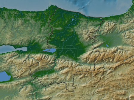 Téléchargez les photos : Sakarya, province de Turkiye. Carte d'altitude colorée avec lacs et rivières - en image libre de droit