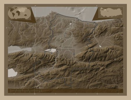 Photo for Sakarya, province of Turkiye. Elevation map colored in sepia tones with lakes and rivers. Locations of major cities of the region. Corner auxiliary location maps - Royalty Free Image