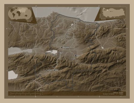 Téléchargez les photos : Sakarya, province of Turkiye. Elevation map colored in sepia tones with lakes and rivers. Locations and names of major cities of the region. Corner auxiliary location maps - en image libre de droit