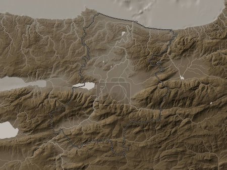 Téléchargez les photos : Sakarya, province of Turkiye. Elevation map colored in sepia tones with lakes and rivers - en image libre de droit