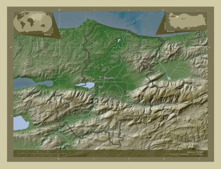 Téléchargez les photos : Sakarya, province de Turkiye. Carte d'altitude colorée dans le style wiki avec des lacs et des rivières. Emplacements et noms des grandes villes de la région. Corner cartes de localisation auxiliaires - en image libre de droit
