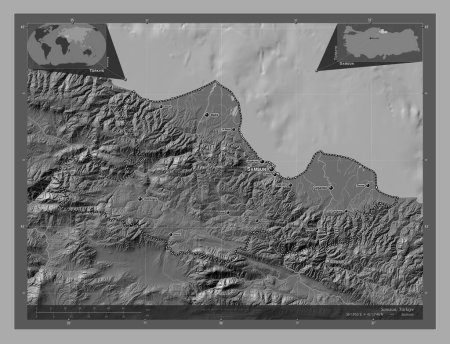 Foto de Samsun, provincia de Turkiye. Mapa de elevación de Bilevel con lagos y ríos. Ubicaciones y nombres de las principales ciudades de la región. Mapas de ubicación auxiliares de esquina - Imagen libre de derechos