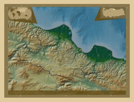 Téléchargez les photos : Samsun, province de Turkiye. Carte d'altitude colorée avec lacs et rivières. Emplacements des grandes villes de la région. Corner cartes de localisation auxiliaires - en image libre de droit