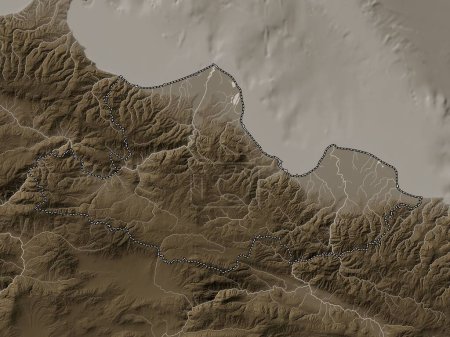 Téléchargez les photos : Samsun, province de Turkiye. Carte d'altitude colorée dans des tons sépia avec des lacs et des rivières - en image libre de droit