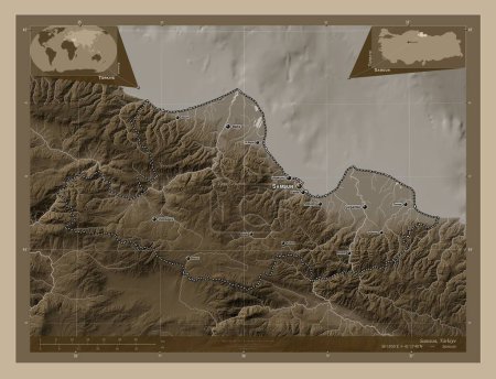 Téléchargez les photos : Samsun, province of Turkiye. Elevation map colored in sepia tones with lakes and rivers. Locations and names of major cities of the region. Corner auxiliary location maps - en image libre de droit