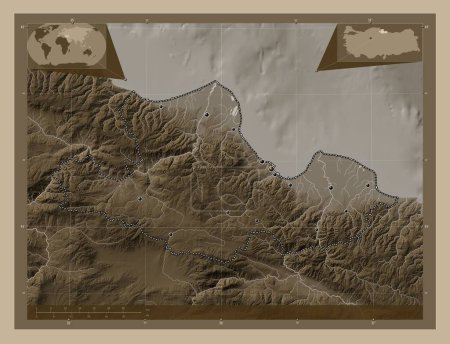 Téléchargez les photos : Samsun, province de Turkiye. Carte d'altitude colorée dans des tons sépia avec des lacs et des rivières. Emplacements des grandes villes de la région. Corner cartes de localisation auxiliaires - en image libre de droit