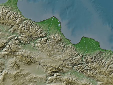 Téléchargez les photos : Samsun, province de Turkiye. Carte d'altitude colorée dans le style wiki avec des lacs et des rivières - en image libre de droit