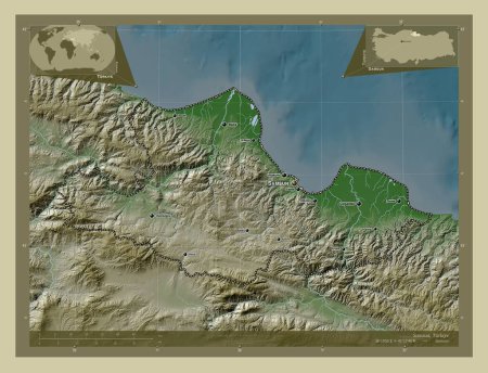 Téléchargez les photos : Samsun, province de Turkiye. Carte d'altitude colorée dans le style wiki avec des lacs et des rivières. Emplacements et noms des grandes villes de la région. Corner cartes de localisation auxiliaires - en image libre de droit