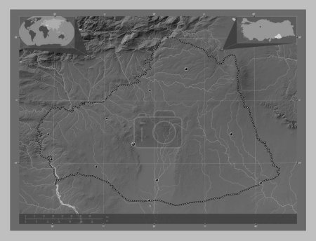 Téléchargez les photos : Sanlurfa, province of Turkiye. Grayscale elevation map with lakes and rivers. Locations of major cities of the region. Corner auxiliary location maps - en image libre de droit