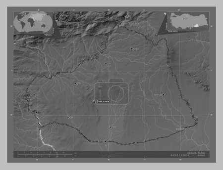 Foto de Sanlurfa, provincia de Turkiye. Mapa de elevación a escala de grises con lagos y ríos. Ubicaciones y nombres de las principales ciudades de la región. Mapas de ubicación auxiliares de esquina - Imagen libre de derechos
